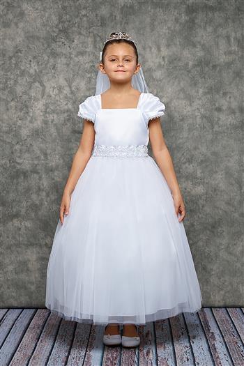 Juliette Satin Short Pleated Sleeve with Beaded Lace Trim & Tulle Skirt  SIZES 2 to 20.5