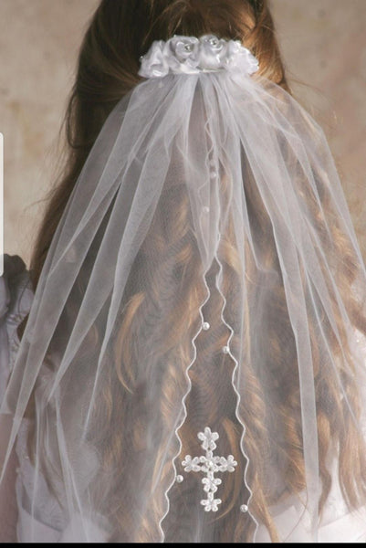 Veil Lola Rolled Rosettes Back Piece with Cross