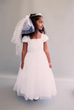 Juliette Satin Short Pleated Sleeve with Beaded Lace Trim & Tulle Skirt  SIZES 2 to 20.5